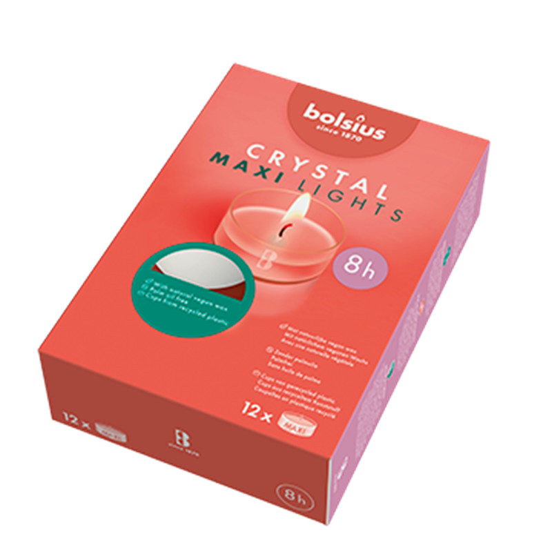 Bolsius Crystal Maxi Lights theelichten transparante maxicups 8 uur doos 12 stuks