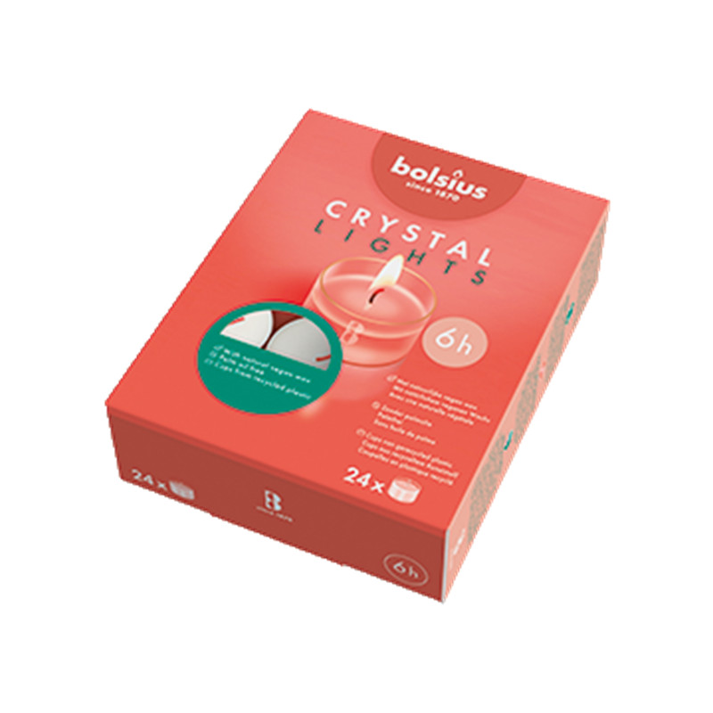 Bolsius Crystal Lights theelichten transparante cups 6 uur doos 24 stuks
