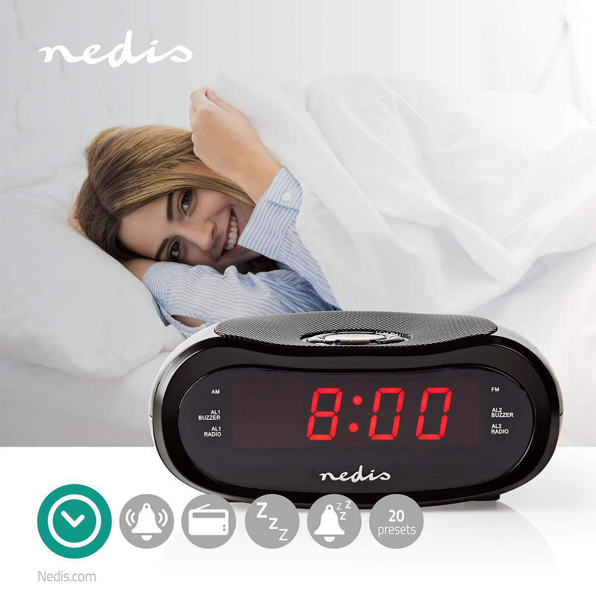Nedis digitale wekkerradio | LED-Scherm | 1.6 cm | AM : FM | Snoozefunctie | Slaaptimer | Digitaal | Zwart | CLAR001BK
